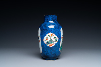 A Chinese famille verte powder blue-ground dish and a vase, Kangxi