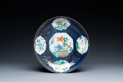 A Chinese famille verte powder blue-ground dish and a vase, Kangxi