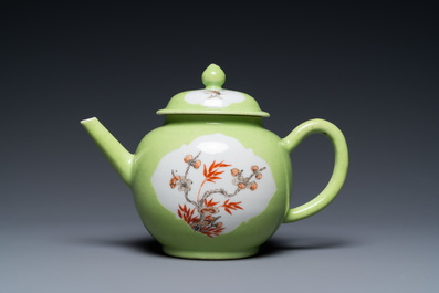 A Chinese iron red and grisaille lime green-ground teapot and cover, Qianlong