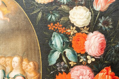 Andries Daniels (c. 1580-1640), attribu&eacute; &agrave;: 'Le mariage de Marie et Joseph' dans un m&eacute;daillon ovale entour&eacute; d'une guirlande florale, huile sur toile