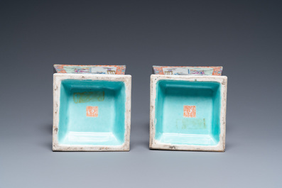 A pair of Chinese square famille rose vases, Qianlong mark, Republic