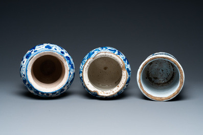 Two Italian and one Dutch Delft blue and white pharmacy jars, 17/18th C.