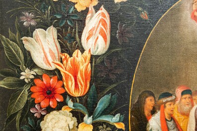 Andries Daniels (c. 1580-1640), attribu&eacute; &agrave;: 'Le mariage de Marie et Joseph' dans un m&eacute;daillon ovale entour&eacute; d'une guirlande florale, huile sur toile