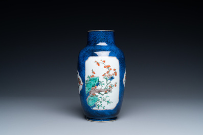 A Chinese famille verte powder blue-ground dish and a vase, Kangxi