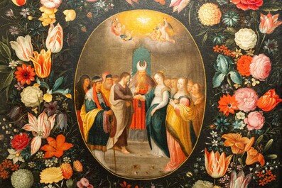 Andries Daniels (c. 1580-1640), attributed to: 'The wedding of Mary and Joseph' in an oval medallion with a floral garland, oil on canvas