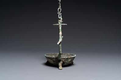 A Vietnamese bronze oil lamp with complete suspension chain, Dong Son, ca. 3rd/1st C. BC