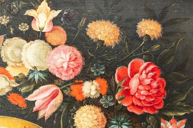 Andries Daniels (c. 1580-1640), attribu&eacute; &agrave;: 'Le mariage de Marie et Joseph' dans un m&eacute;daillon ovale entour&eacute; d'une guirlande florale, huile sur toile