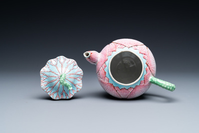 A Chinese famille rose 'lotus' teapot and cover, Yongzheng