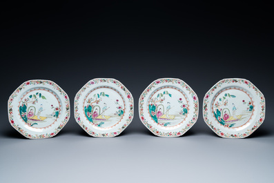 Eight Chinese octagonal famille rose plates with a boat on the water, Qianlong