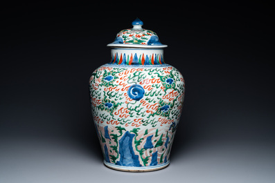 A Chinese wucai 'dragon' vase and cover, Transitional period