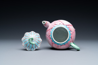 A Chinese famille rose 'lotus' teapot and cover, Yongzheng