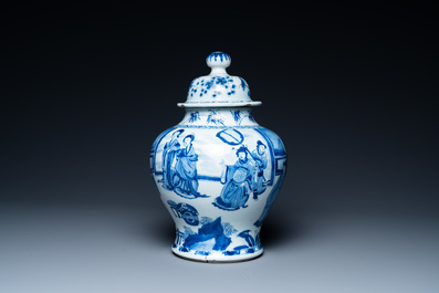 A Chinese blue and white vase with narrative design, Chenghua mark, Kangxi