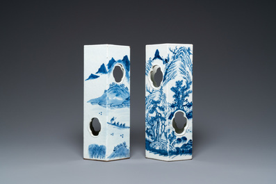 Two Chinese blue and white hexagonal hat stands with landscapes, 19th C.