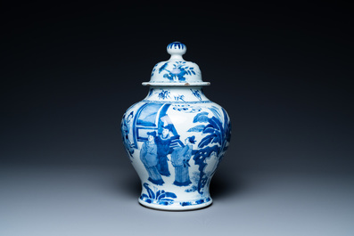 A Chinese blue and white vase with narrative design, Chenghua mark, Kangxi