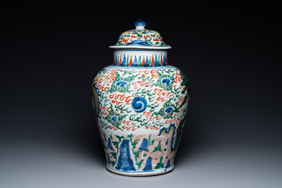 A Chinese wucai 'dragon' vase and cover, Transitional period