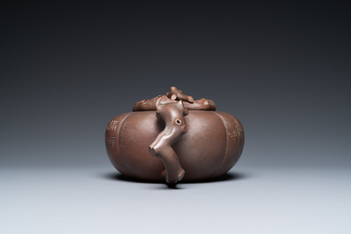 A Chinese melon-shaped Yixing stoneware teapot, signed Qi Tao (Wu Hanwen) and dated 1923