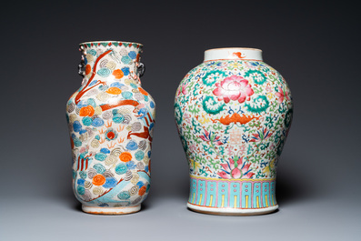 A Chinese famille verte vase and a famille rose vase with wooden cover and stand, 19th C.