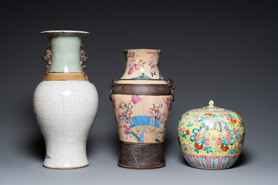 Two Chinese Nanking crackle-glazed vases and a yellow-ground famille rose 'butterflies' jar and cover, 19th C.