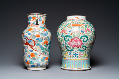 A Chinese famille verte vase and a famille rose vase with wooden cover and stand, 19th C.