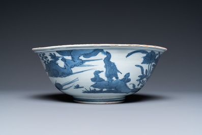 Een Chinese blauw-witte kom met kraanvogels, Ming