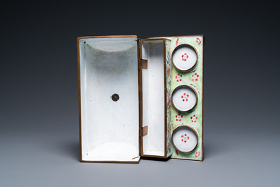 A Chinese rectangular Canton enamel desk set, Qianlong