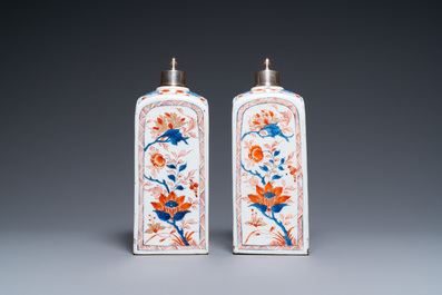 A pair of Chinese square Imari-style bottles with silver lids, Kangxi