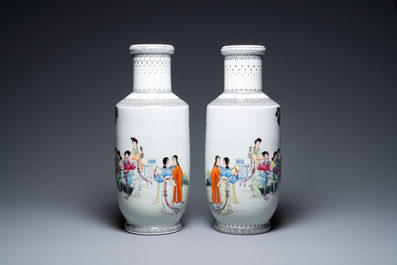 A pair of Chinese famille rose rouleau vases with musicians, Qianlong mark, Republic