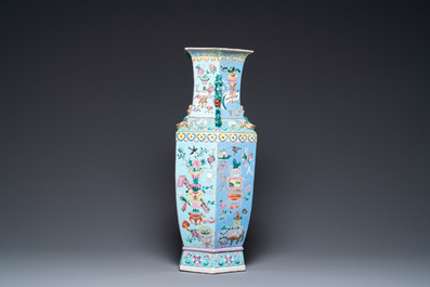 A Chinese hexagonal famille rose 'antiquities' vase, 19th C.