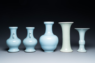 Five Chinese monochrome clair-de-lune and celadon-glazed vases, 19/20th C.