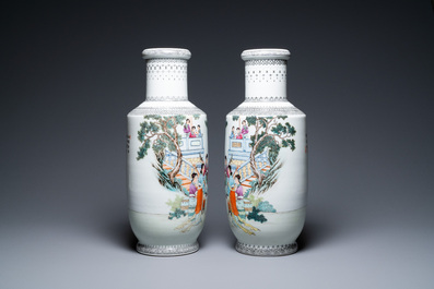 A pair of Chinese famille rose rouleau vases with musicians, Qianlong mark, Republic