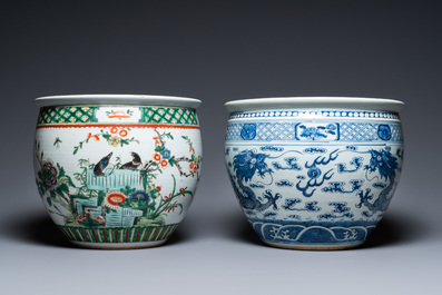 A Chinese blue and white 'dragons' fish bowl and a famille verte 'magpies' fish bowl, 19th C.