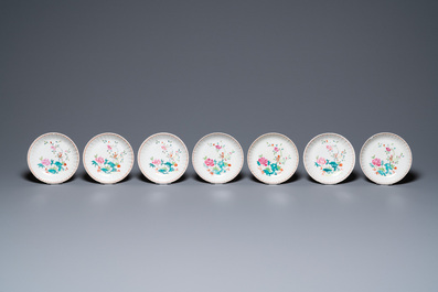 Thirteen Chinese famille rose saucers and twelve cups, Qianlong