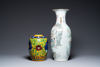 A Chinese two-sided design vase and a biscuit vase with mythical animals, 19/20th C.