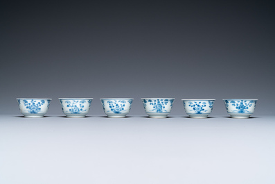 Six Chinese blue and white cups and saucers, six famille rose cups and five saucers, Kangxi/Qianlong