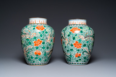 A pair of Chinese famille verte 'phoenix' vases, 19th C.