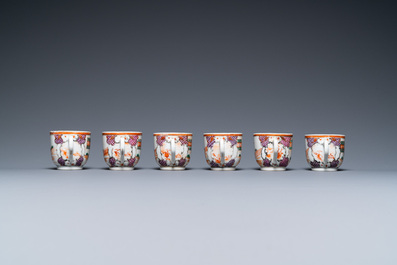 Six Chinese blue and white cups and saucers, six famille rose cups and five saucers, Kangxi/Qianlong