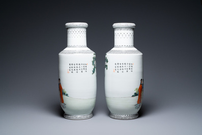 A pair of Chinese famille rose rouleau vases with musicians, Qianlong mark, Republic