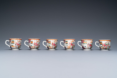 Six Chinese blue and white cups and saucers, six famille rose cups and five saucers, Kangxi/Qianlong