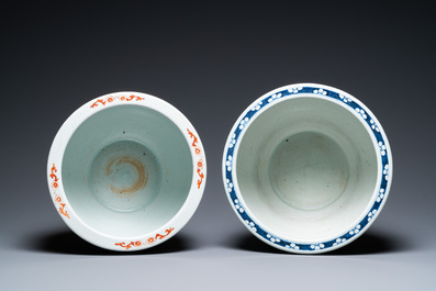 A Chinese blue and white 'dragons' fish bowl and a famille verte 'magpies' fish bowl, 19th C.