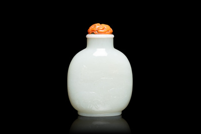 A Chinese white jade 'Eight horses of Mu Wang' snuff bottle, 18/19th C.