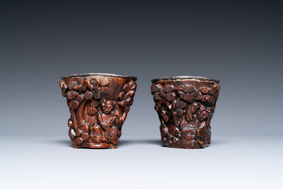 A pair of Chinese silver-lined coconut wine cups, Ming