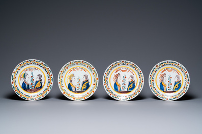 Six polychrome Dutch Delft orangist royal portrait plates and an 'Orange tree' dish, 18th C.