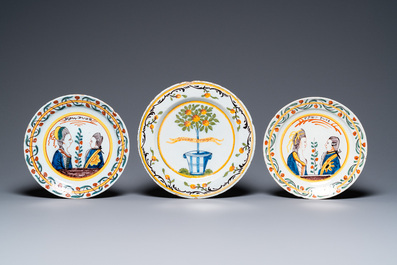 Six polychrome Dutch Delft orangist royal portrait plates and an 'Orange tree' dish, 18th C.