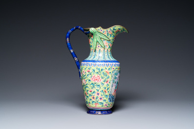 A Chinese lime-green-ground Canton enamel water jug and basin, 1st half 19th C.