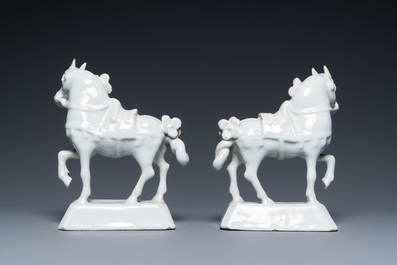 A pair of white Dutch Delft horses, 18th C.