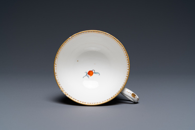 A The Hague-decorated Ansbach porcelain 'leopard and otter' cup and saucer, 18th C.