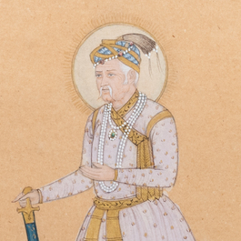 Indian school miniature: 'Portrait of an emperor', ink and colour on paper, 19th C.