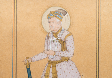 Indian school miniature: 'Portrait of an emperor', ink and colour on paper, 19th C.