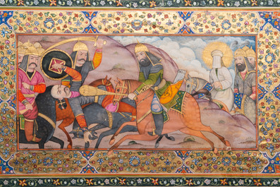 Qajar school miniature: 'The battle of Karbala', gouache and gilding on paper, Iran, 19/20th C.