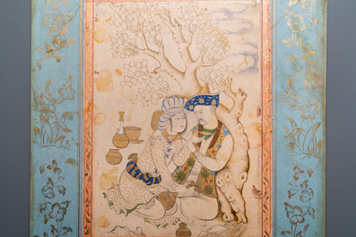 A Persian miniature on paper: 'Loving couple leaning against a tree', 18/19th C.